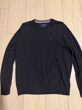 Tommy Hilfiger Black V-Neck Sweater with Signature Flag